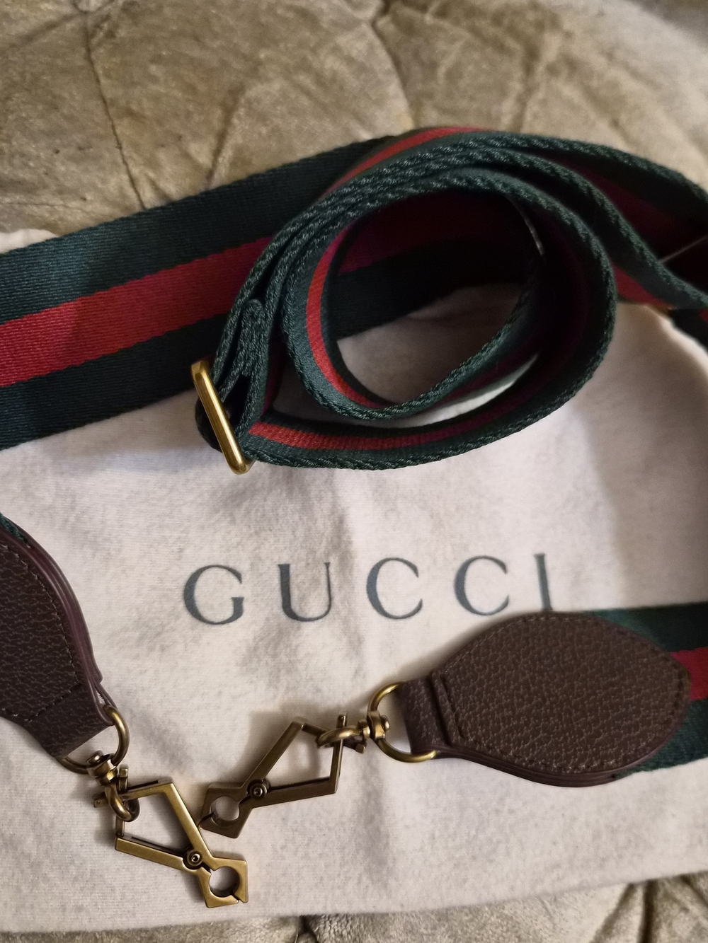Gucci Green and Red Web Stripe Shoulder Strap with Brown Leather & Gold Hardware